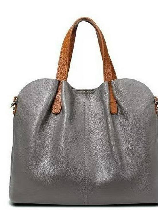 Luxury Genuine Leather Color-Block Mother-Daughter Tote: High-Capacity Crossbody Handbag for Women