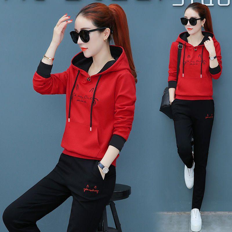 Embroidered Hooded Autumn Casual Sports Suit for Women Korean Style Loose Long-sleeved Student Two-piece Set