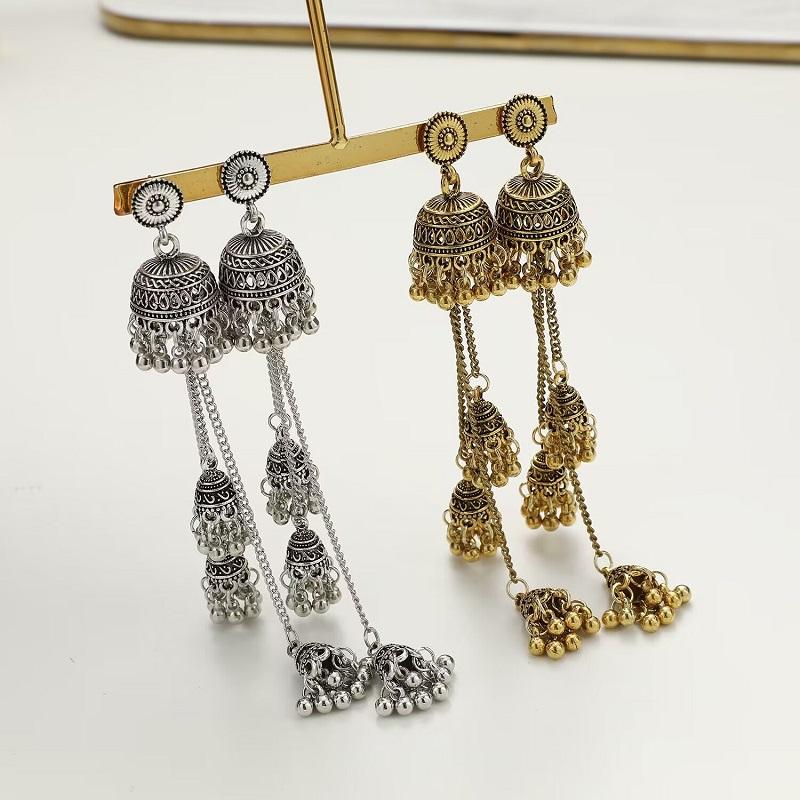 Retro Bollywood Oxidized Women Jhumka Indian Earrings Femmes Ethnic Gold Silver Color Afghan Bell Long Tassel Drop