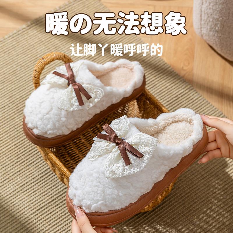 Bow 2025 new cotton slippers winter indoor home soft sole non-slip warm plush platform shoes