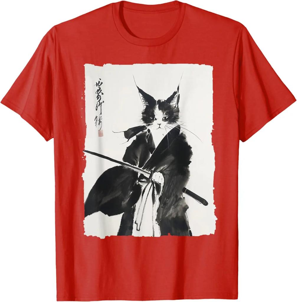 2025 Men's Summer Samurai Cat Art Pattern Harajuku T-shirt Y2k Comfortable and Loose Top