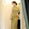 Yellow-green sleeveless cheongsam 1011 new new Chinese style dark pattern flower high-end sense retro elegant temperament dress women