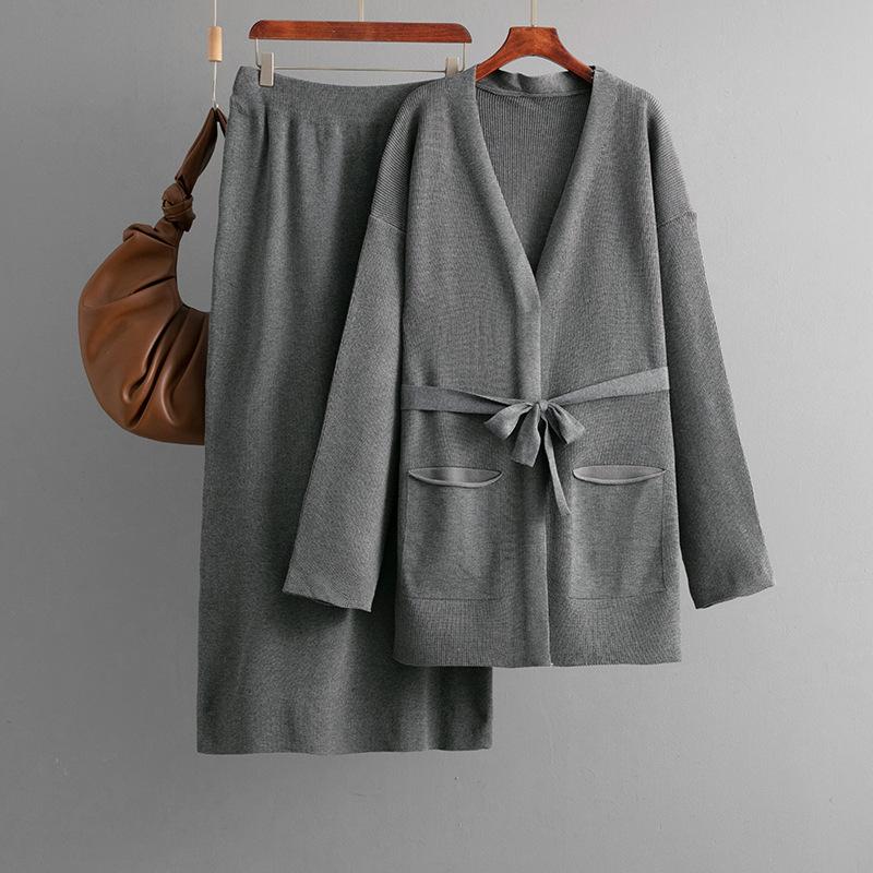 A Two-piece Fashion Suit for Women's Autumn and Winter, Featuring A V-neck Loose Knitted Lace-up Cardigan, Jacket and Skirt