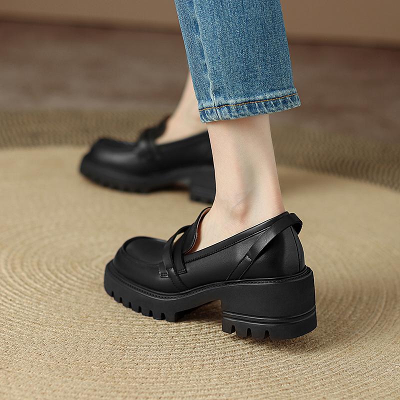 New Fashion  Genuine Leather Women Shoes Casual Slip -On Loafers Comfortable Soft Platform Shoes Square Toe Heels Shoes Woman