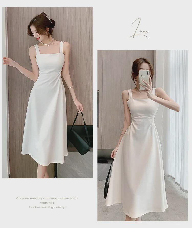 Women's French-Style White Suspender Dress - Summer Cool, Square Neck, Slim Waist, A-Line Long Skirt