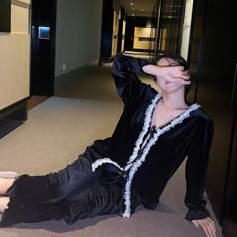 Autumn and Winter New Lace-up Gold Velvet Lace Pajamas for Women Solid Color V-neck Home Clothes Wearable Pajamas Set