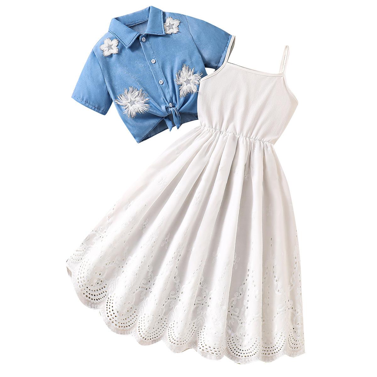 

Платье для девочки, летнее, вышитое, с короткими рукавами, топ + кружевное платье на подтяжках, из двух частей 12Y белый