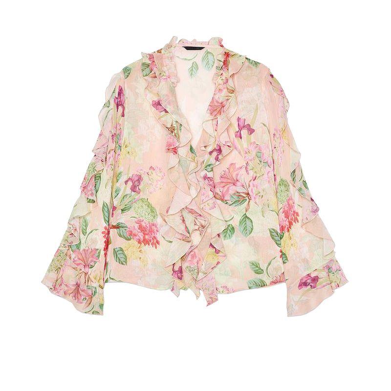 

Spring and Summer New Women s Clothing Fashion Wind V Neck Long Sleeves Flowers Print Laminated Decoration Drape Shirt 3531317 Multi-color L