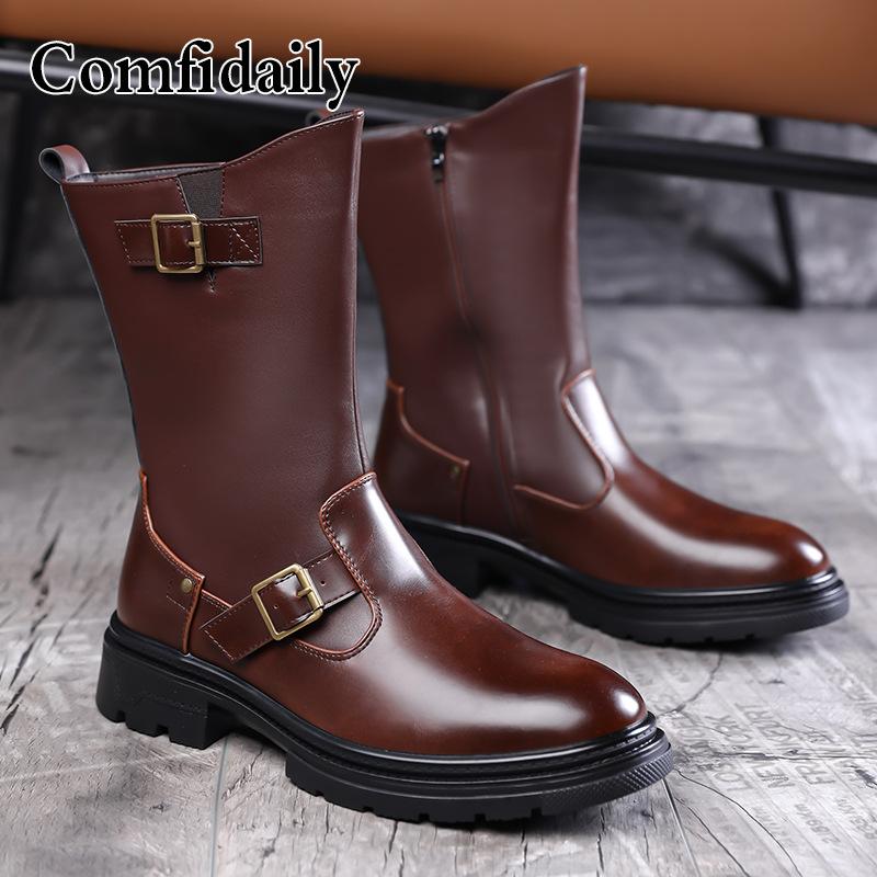 2026Men's Boots High Quality Patent Leather Mid-calf Boots Fashion Motorcycle Boots Men's High-top Knight Boot Botas Para Hombre