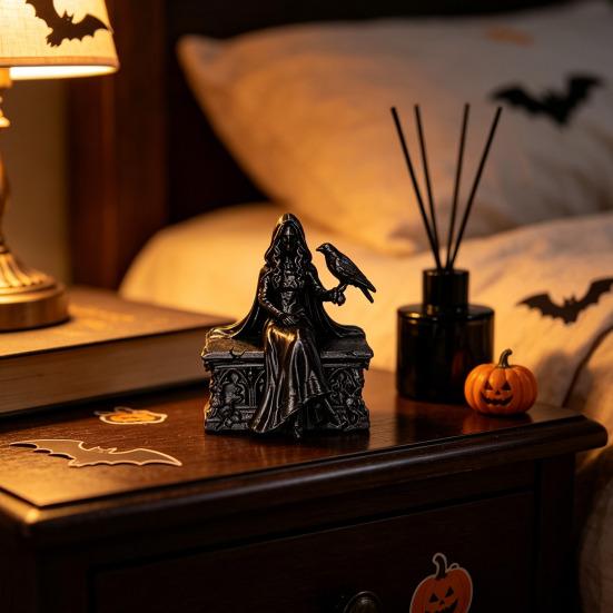Handheld Detailed Carving 3D Printed Gothic Crow Queen Figurine, Cloaked Robe Statue with Small Style Figure Crow, Spooky Desktop Ornament for