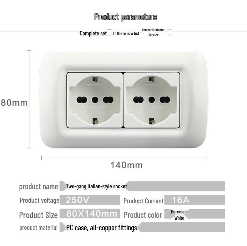 Double Italian-Euro Standard Grounded Wall Socket