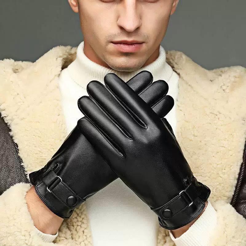 Autumn and Winter Leather Gloves for Men, Thin Style, Touchscreen-Compatible, for Driving, Cycling, and Motorcycling, Pu Leather with Fleece Lining