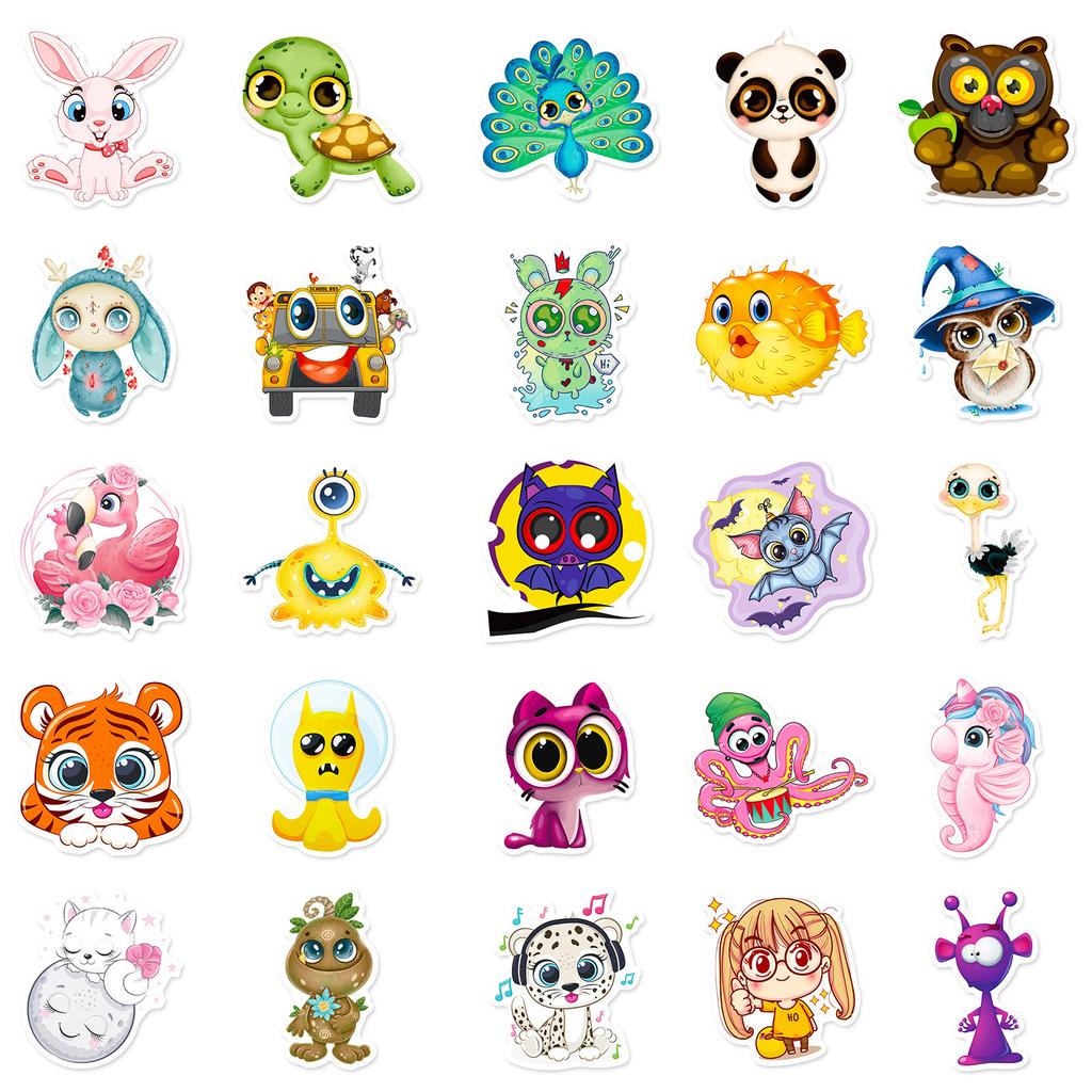 50 Pieces Cute Cartoon Big Eyes Animal Stickers Cute Avatar Stickers Cartoon Children Reward Stickers Stationery Stickers