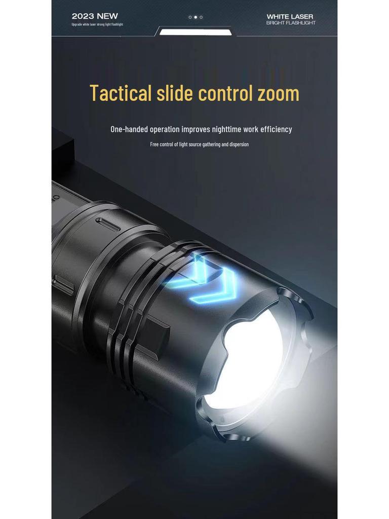 High Power White Laser Zoom Flashlight for Long-Range Outdoor Use with Rechargeable Display