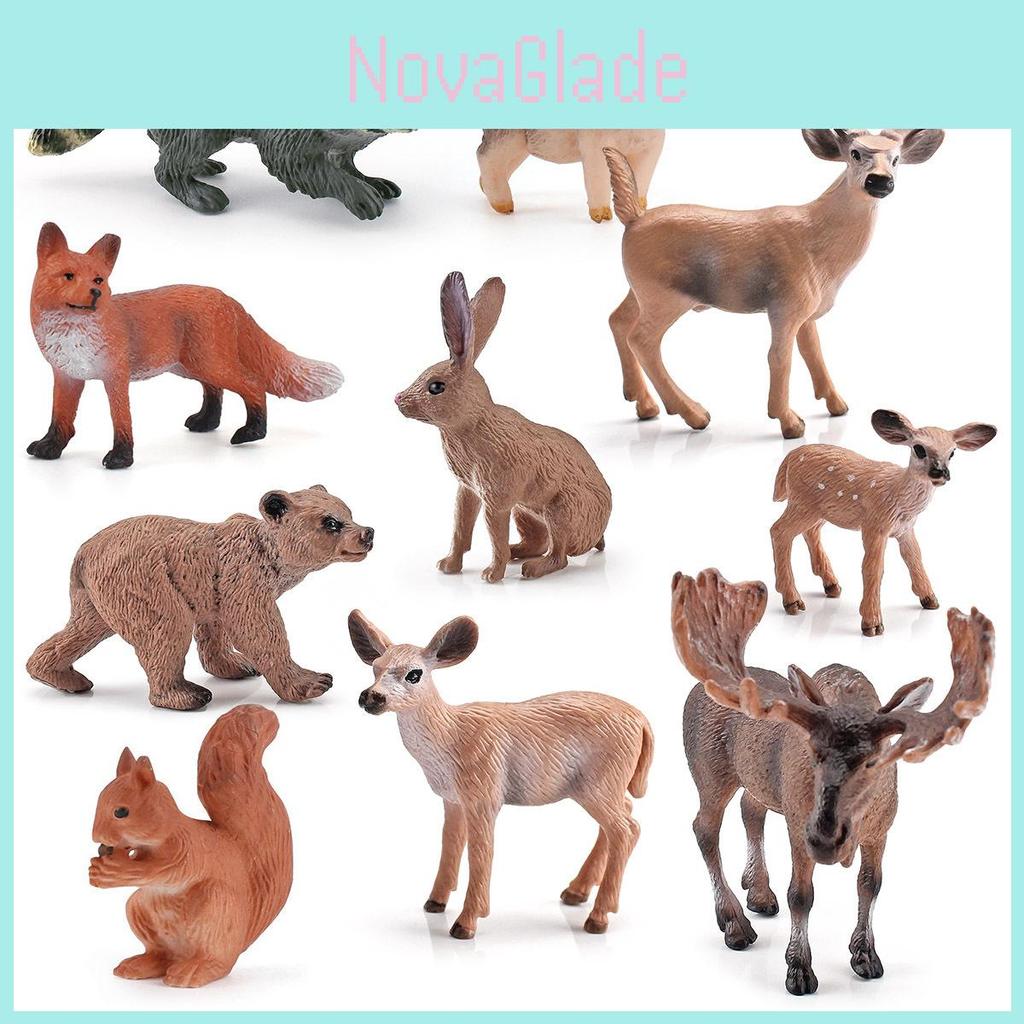 סט 10 יחידות דמויות חיות יער ריאליסטיות הכולל אייל קורא, דביבון, אייל פרדי לבן-זנב, דוב חום, שועל אדום ודגמים של ארנב לקישוט הבית