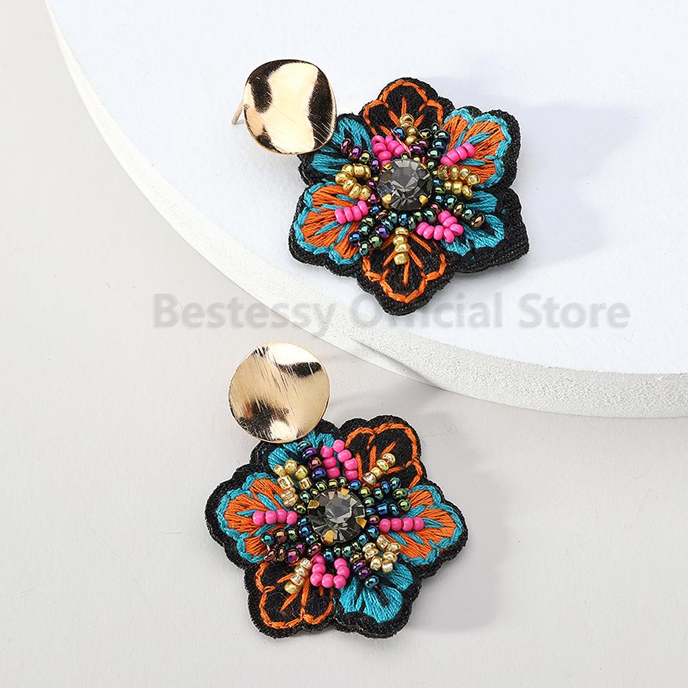 Handmade Embroidered Flower Dangle Earrings For Women Boho Luxury Elegant Colorful Rice Beads Decor Pendant Fashion Jewelry Gift