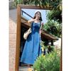 Blue Mist Love Französisches Denim-Kleid Damen Sommer Nischen-Design Sinn Taille Temperament Träger Langes Kleid