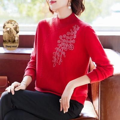 Women's 100% Merino Wool Embroidered Half-High Collar Sweater