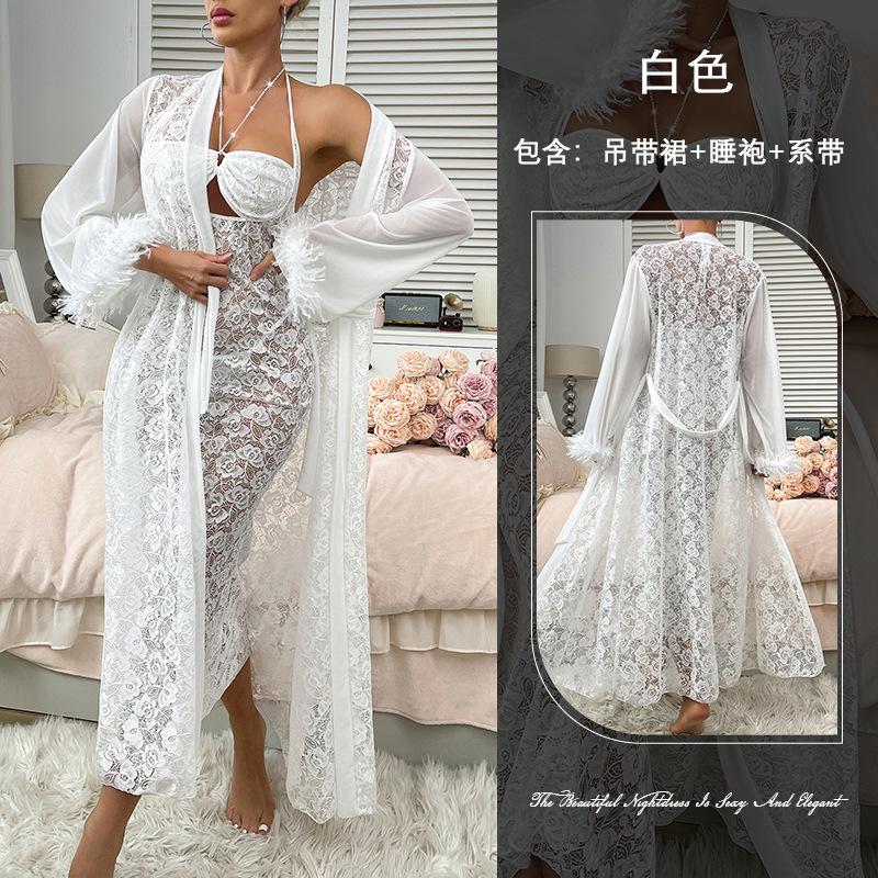 European and American lace perspective nightgown set, fluffy decorative cardigan suspender skirt two-piece set S