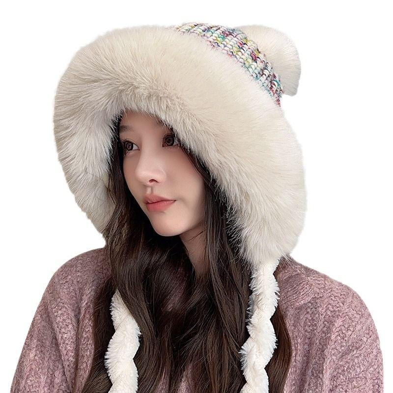 Touca Térmica de Inverno de Pele de Coelho Sintética para Mulheres, Bonita, Espessa, Branca, com Pompom Fofo, Abas de Orelha, Encaixe, Chapéu de Pelúcia