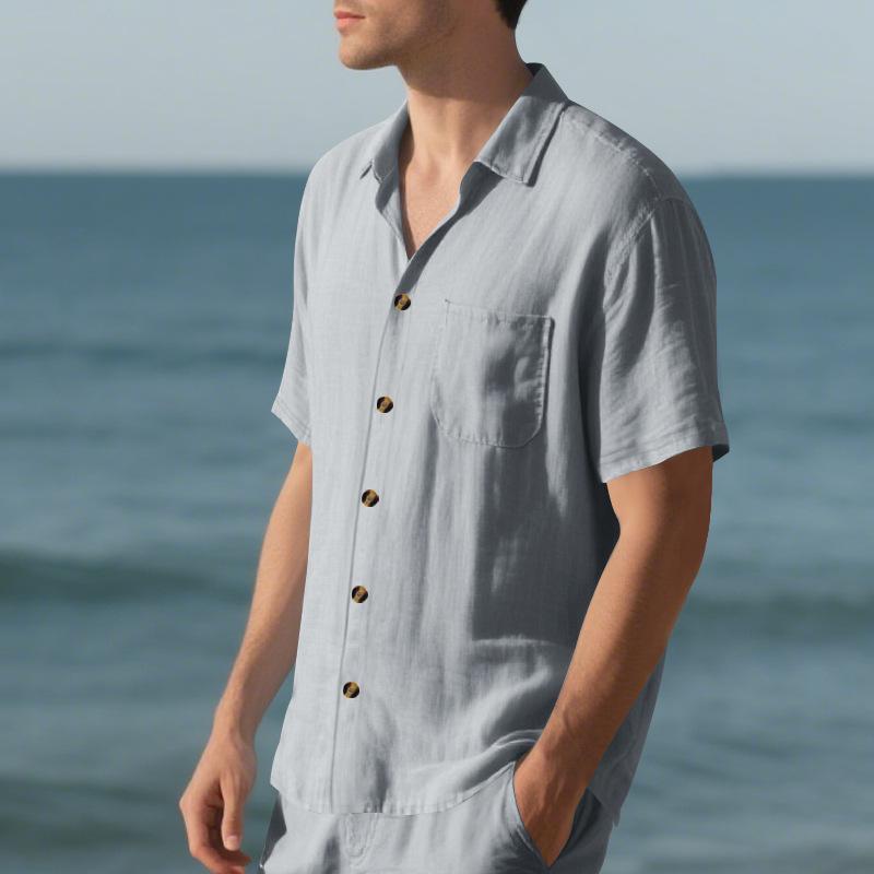 

Men s Loose Casual Solid Color Linen Short Sleeve Button Down Shirt with Chest Pocket 3XL сірий
