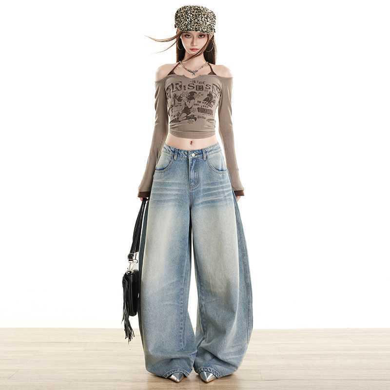 Retro Light Blue Wide Leg Mid-Low Rise Jeans with Wrinkled Whiskers Large