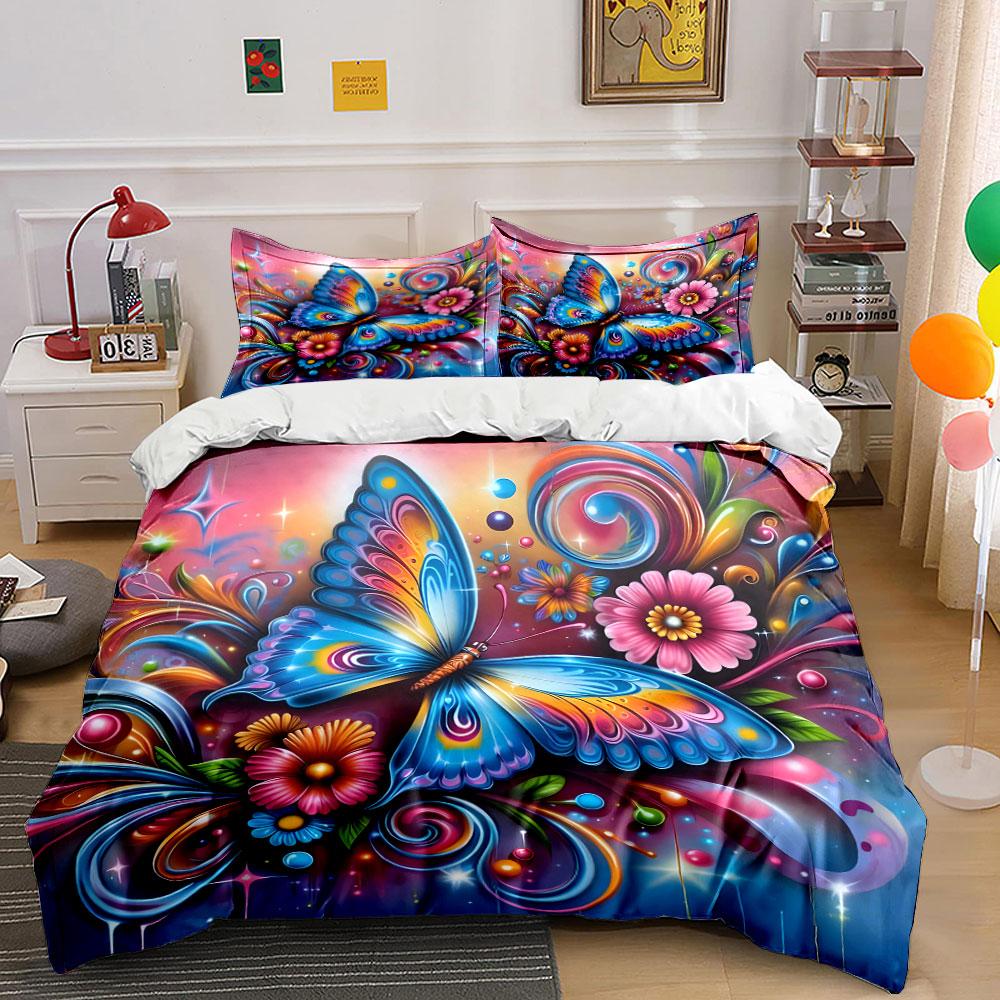 Colorful Butterfly Floral Design Bedding Duvet Cover Set (1*Duvet Cover 2*Pillowcases, Without Duvet Insert)