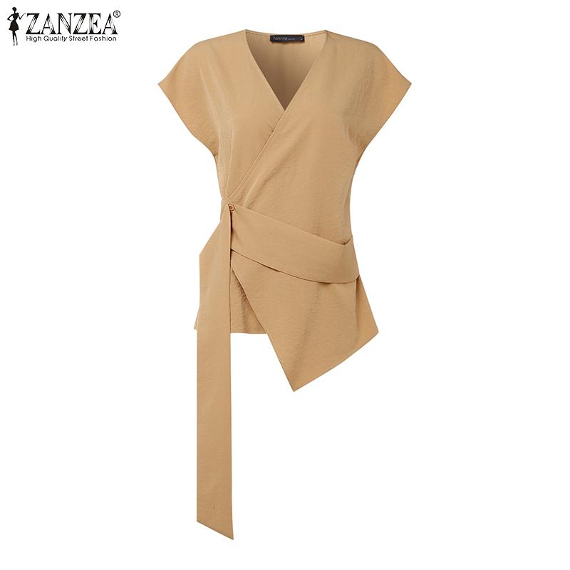 

ZANZEA Женская повседневная блузка с V-образным вырезом, коротким рукавом, боковыми пуговицами, асимметричная, свободного кроя 2XL хаки