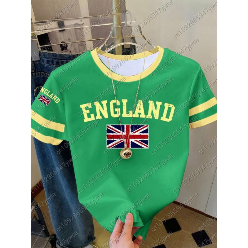 Womens Short Sleeve Color-Block ENGLAND STRIPE Print Y2k T Shirt Girl Round Neck Tee Outdoor Sports Adult Women's T-Shirt
