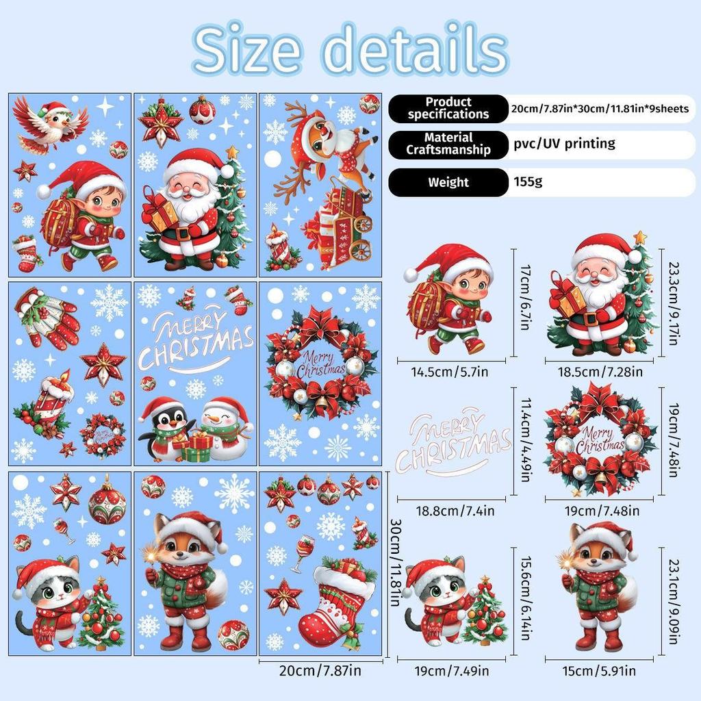 Christmas Decorative Glass Static Cling Stickers: Santa, Snowflakes, Snowmen Window Decals