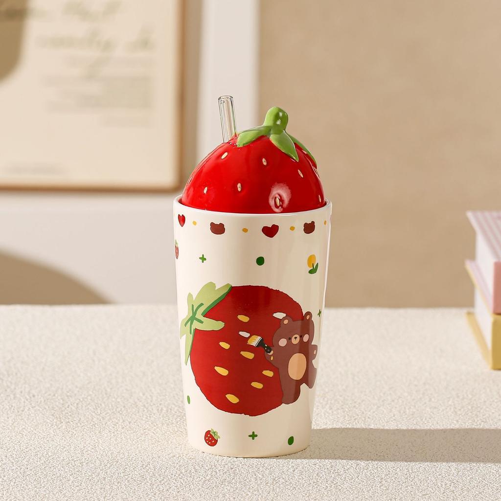 Fruit Strawberry Ceramic Cup with Lid Straw House Mug Festive Cup for Girls' High Value Water Cup Small Gift