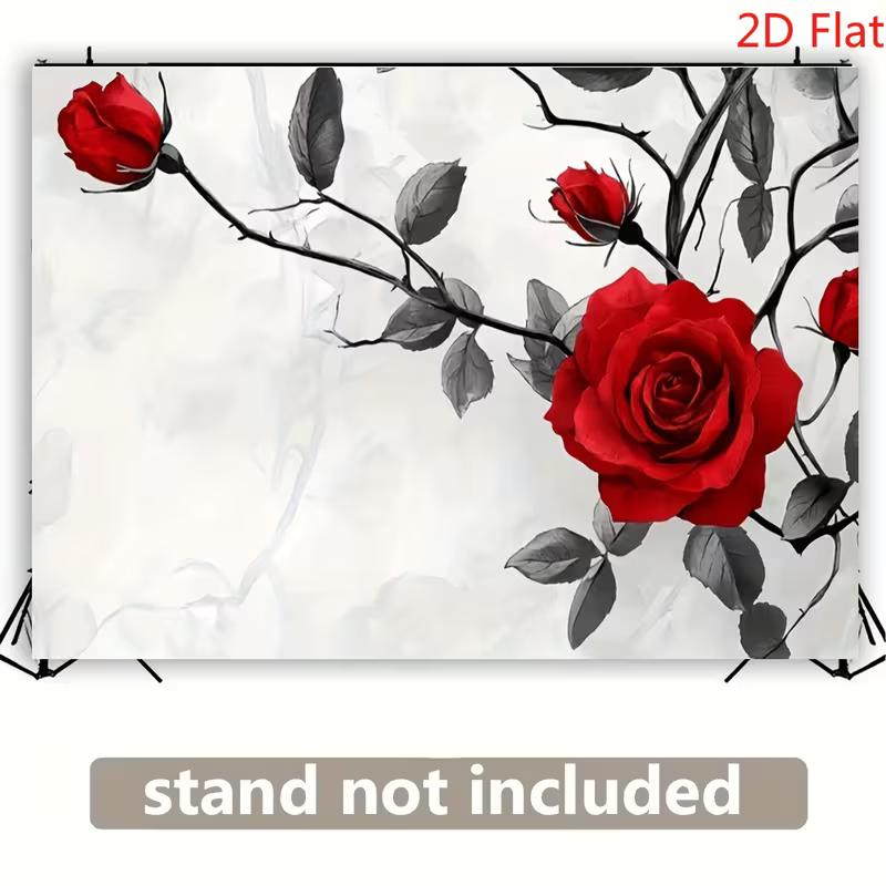 2D Artistic Black and White Red Rose Backdrop for Live Streaming & Decoration