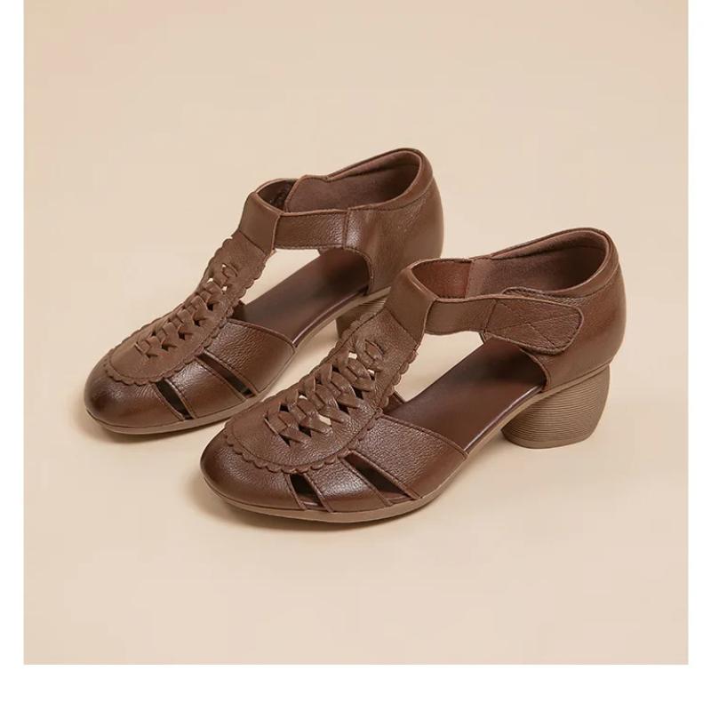 Johnature Echtes Leder Sommer Damen Schuhe Bequem Rindsleder Hohle Weiche Sohle Dicke Hohe Absätze Sandalen