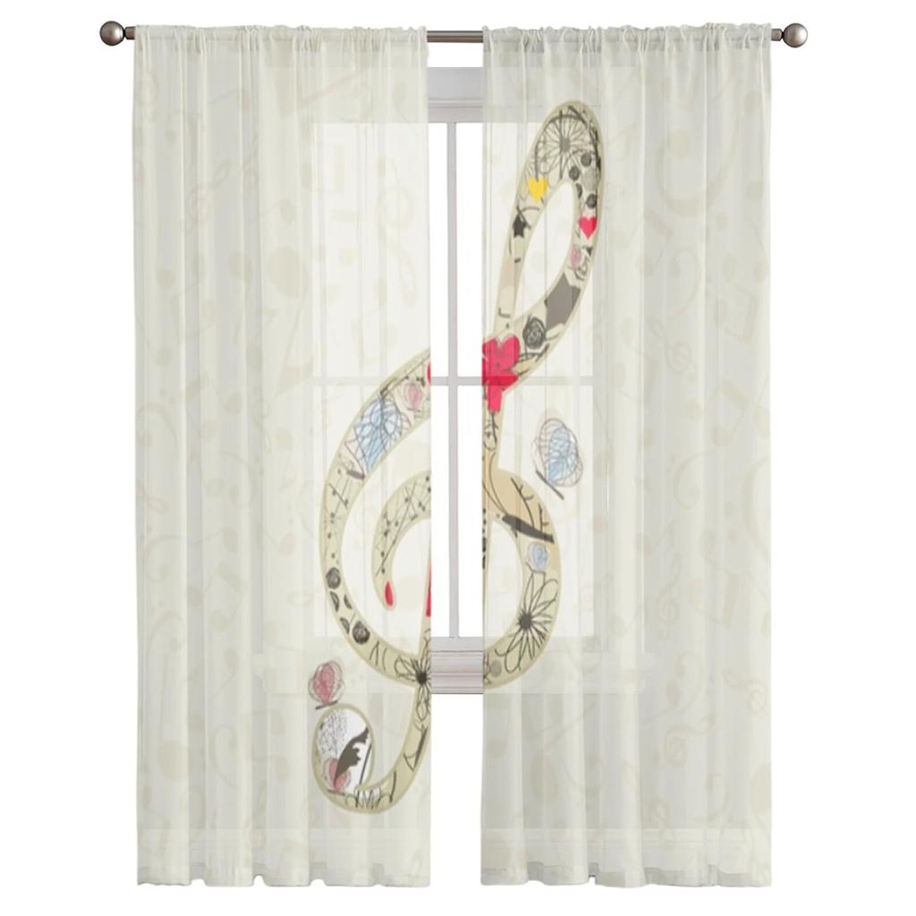 Durchsichtige Vorhänge mit Musiknoten für Wohnzimmer, transparenter Tüll, Fensterbehandlungen, Schlafzimmer, Küche, Heimdekoration, Schleiervorhänge