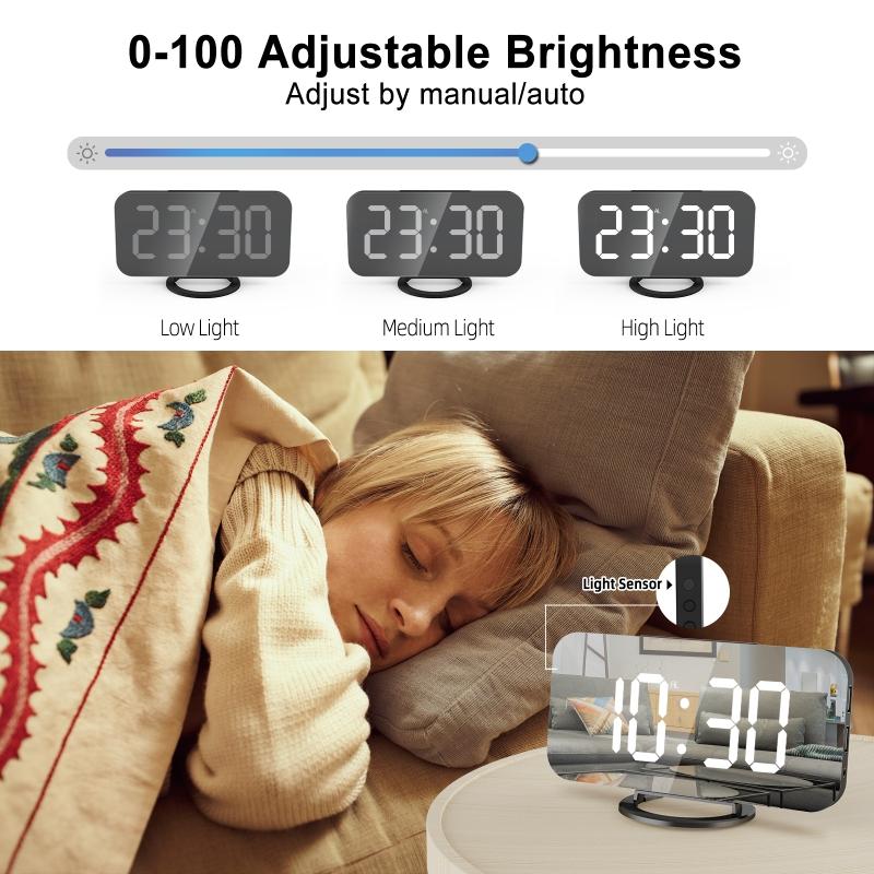 Home LED Digital Clock Large Display Loud Vibrating Alarm Mirror Night Light Snooze Dimmer for Bedroom Kid Heavy Sleeper