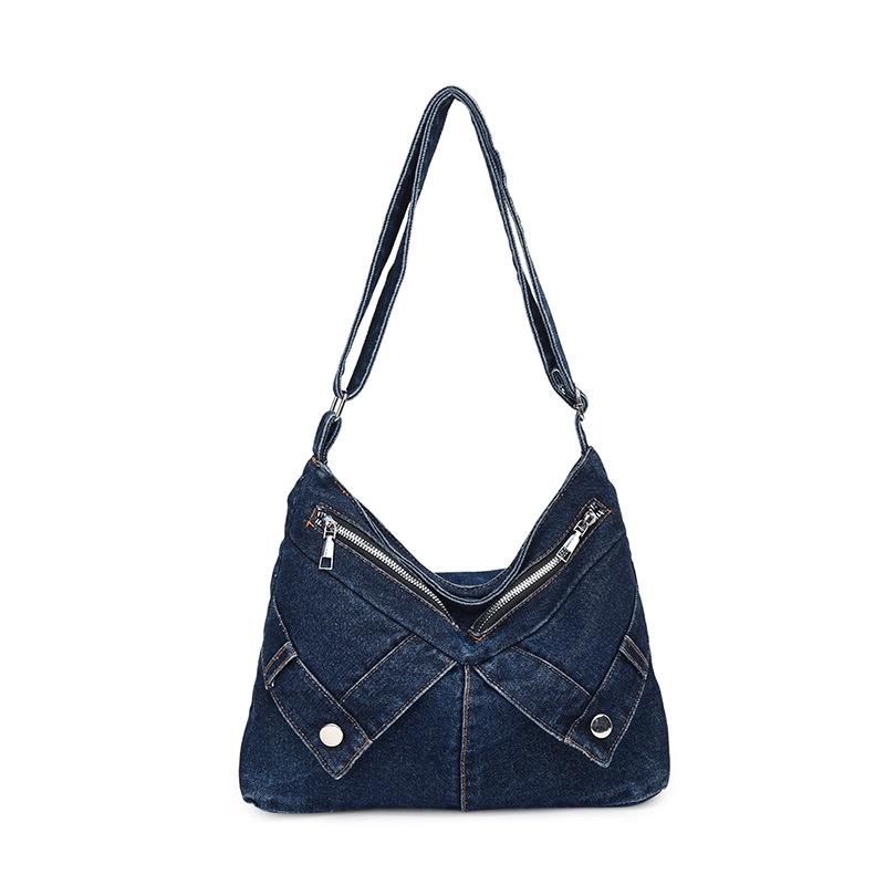 Korean Style Rivet Fashion Denim Shoulder Bag - Trendy Crossbody with Large Capacity for Travel