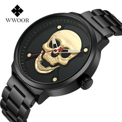 WWOOR Modische Totenkopf-Herren-Quarzuhr mit Netzband, schwarzes massives Stahlband, kreative Uhren