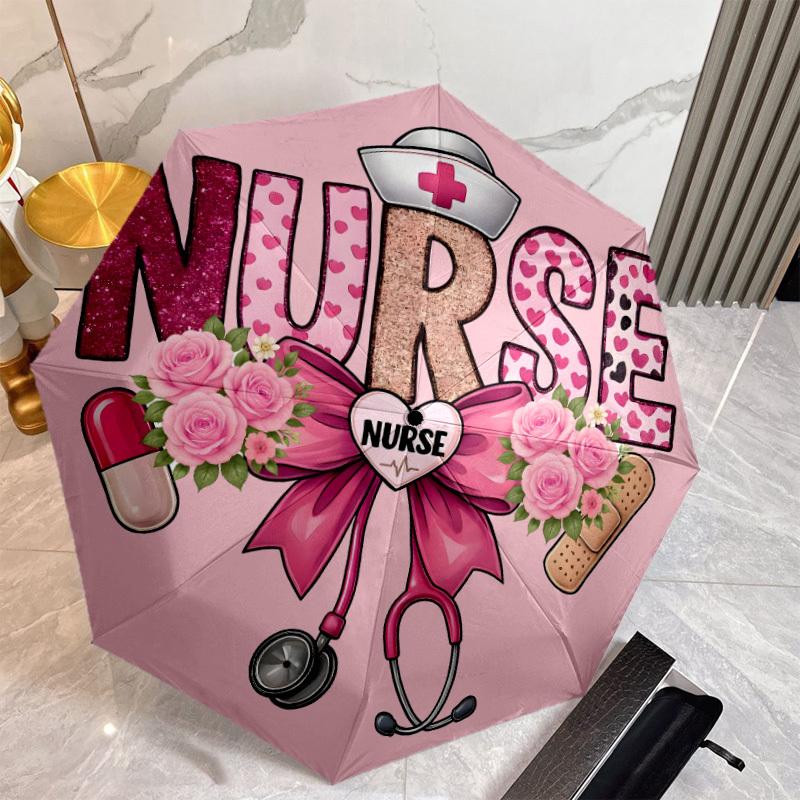 Nurse-Themed Automatic Umbrella with One-Button Opening/Closing - Floral Design, 8-Rib Durable Frame, Compact & Portable for T