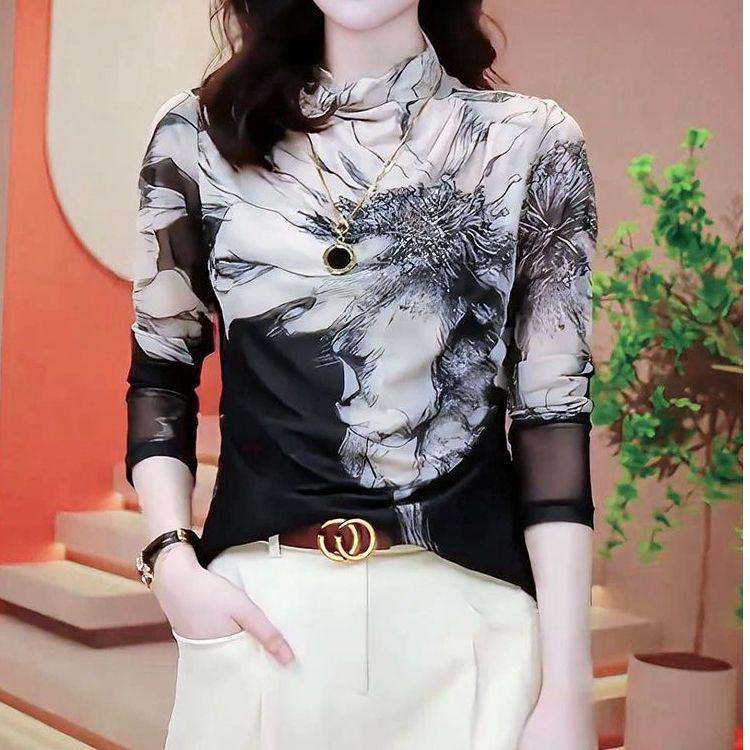 2024 Autumn/Winter Slim Fit Mesh Printed Long-Sleeve T-Shirt for Women