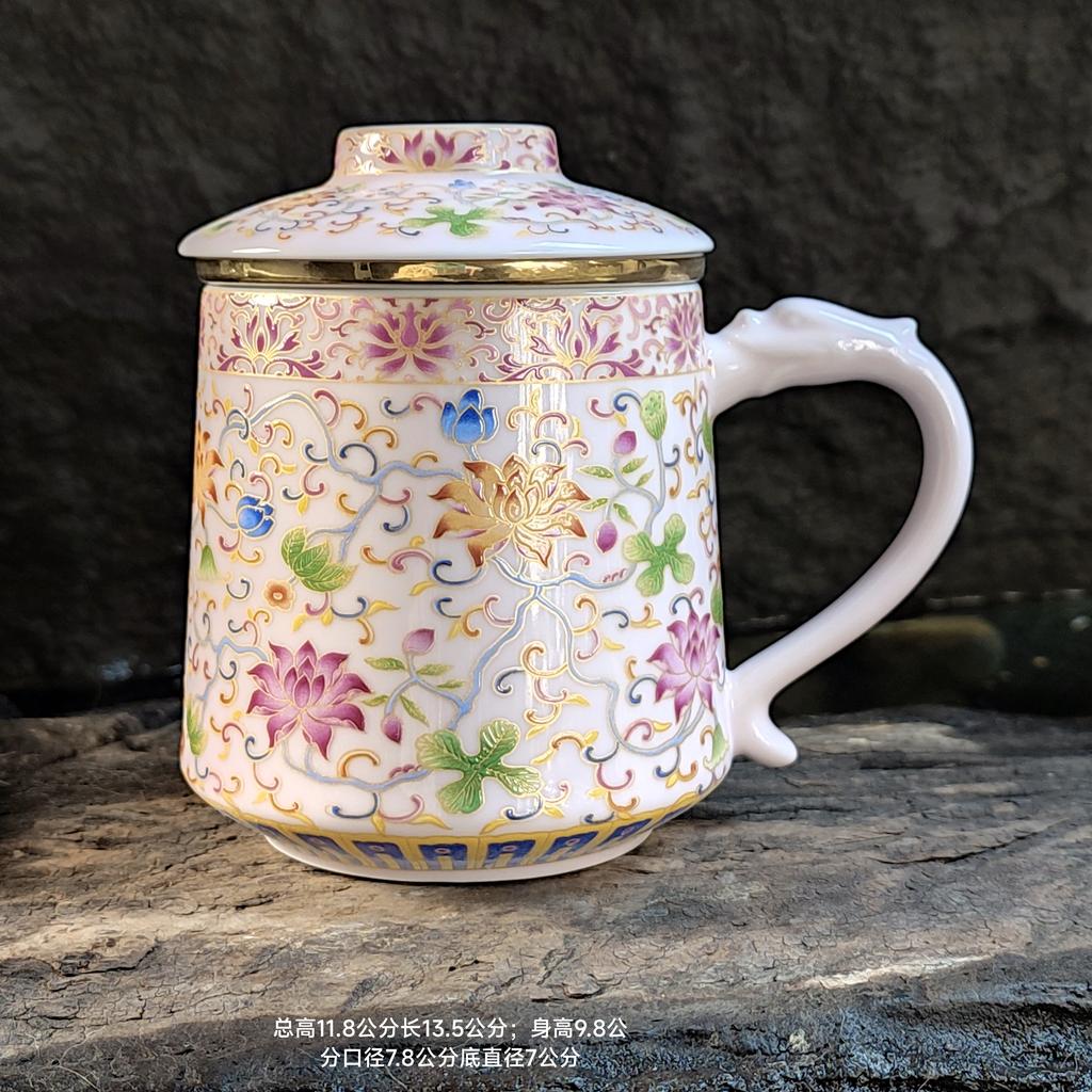 400ml Pink Ceramic Tea Cup Enamel Ribbon Filter Cup High End Household Mug with Lid Jasmine Tea and Green Tea Set Accessories