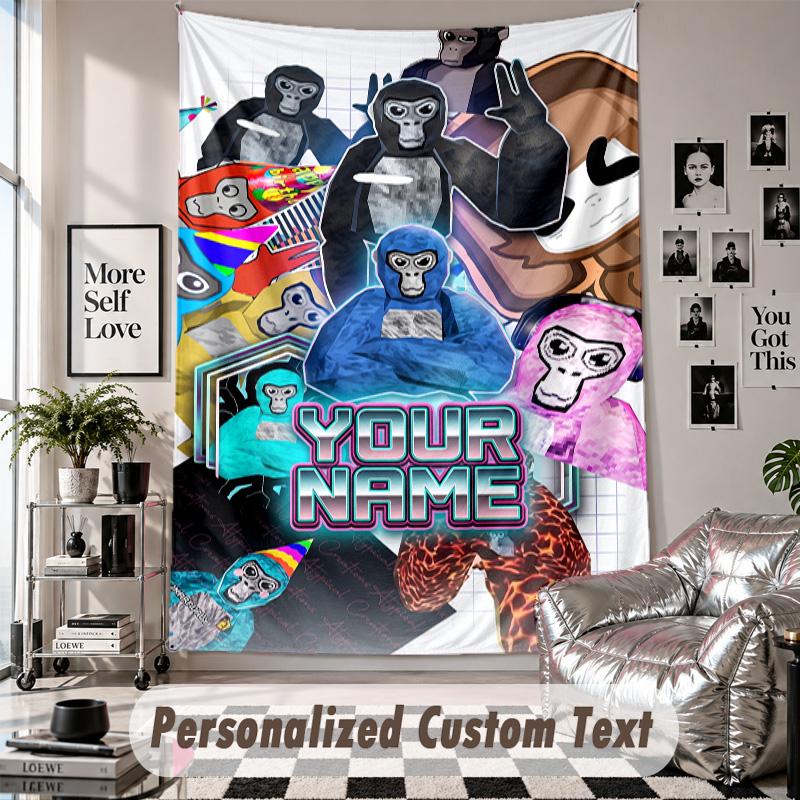 Wall Hanging Tapestry With Custom Name & Text, Gorilla Tag Cartoon Decorative Tapestry For Bedroom