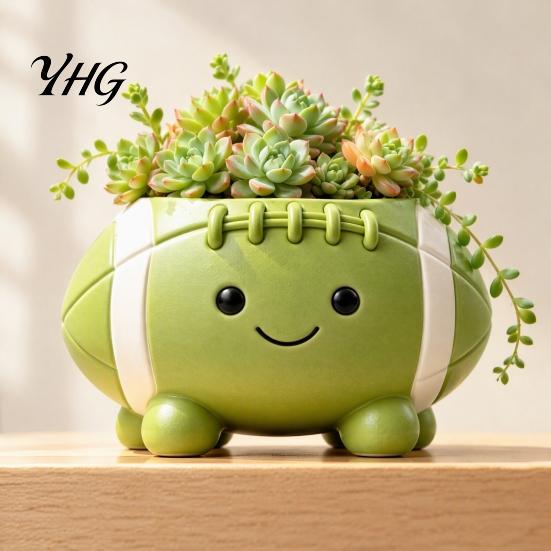 Creative Garden Ornament Rugby Ball Succulent Planter, Resin Small Flower Pot with Feet, Weatherproof Decor Cute Smiling Plant for Indoor Outdoor Home