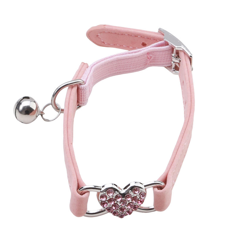 Cute Heart Flocked Diamond Bell Cat Collar Pet Puppy Kitten Collars with Safety Belt Jeweled Necklace