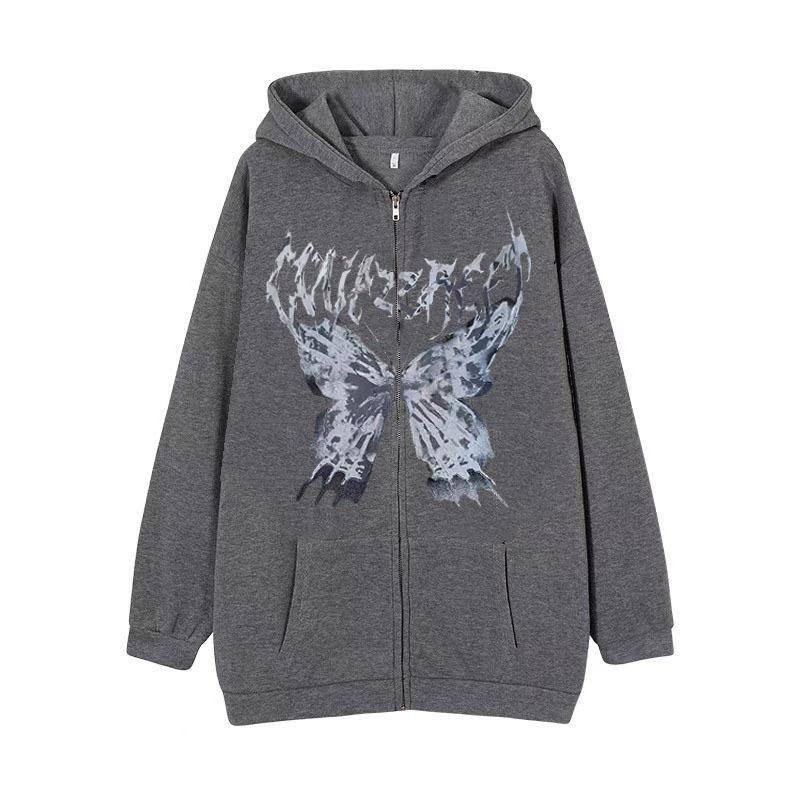 Hooded sweater in stock, zipper sweater autumn and winter European and American butterfly sweater gothic sports hooded jacket