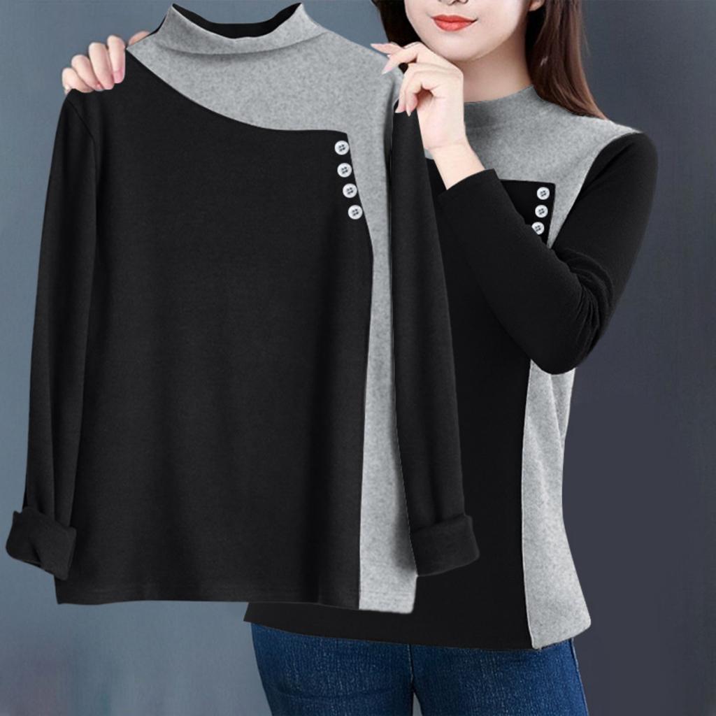 Fleece,lined Turtleneck Color,blocked Top With Button Embellishments For Added .