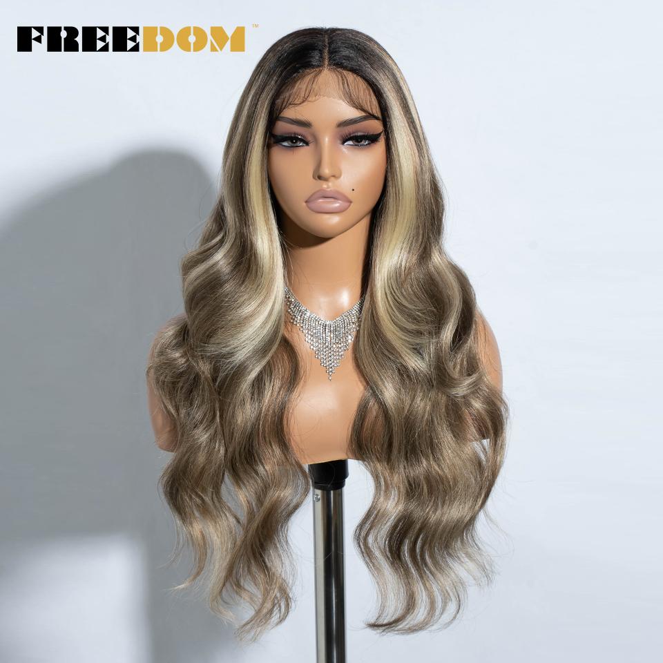 FREEDOM Synthetic Lace Front Wigs For Women 26 Inches Body Wave Wig Ombre Brown Blonde Lace Wig Synthetic Highlight Cosplay Wig