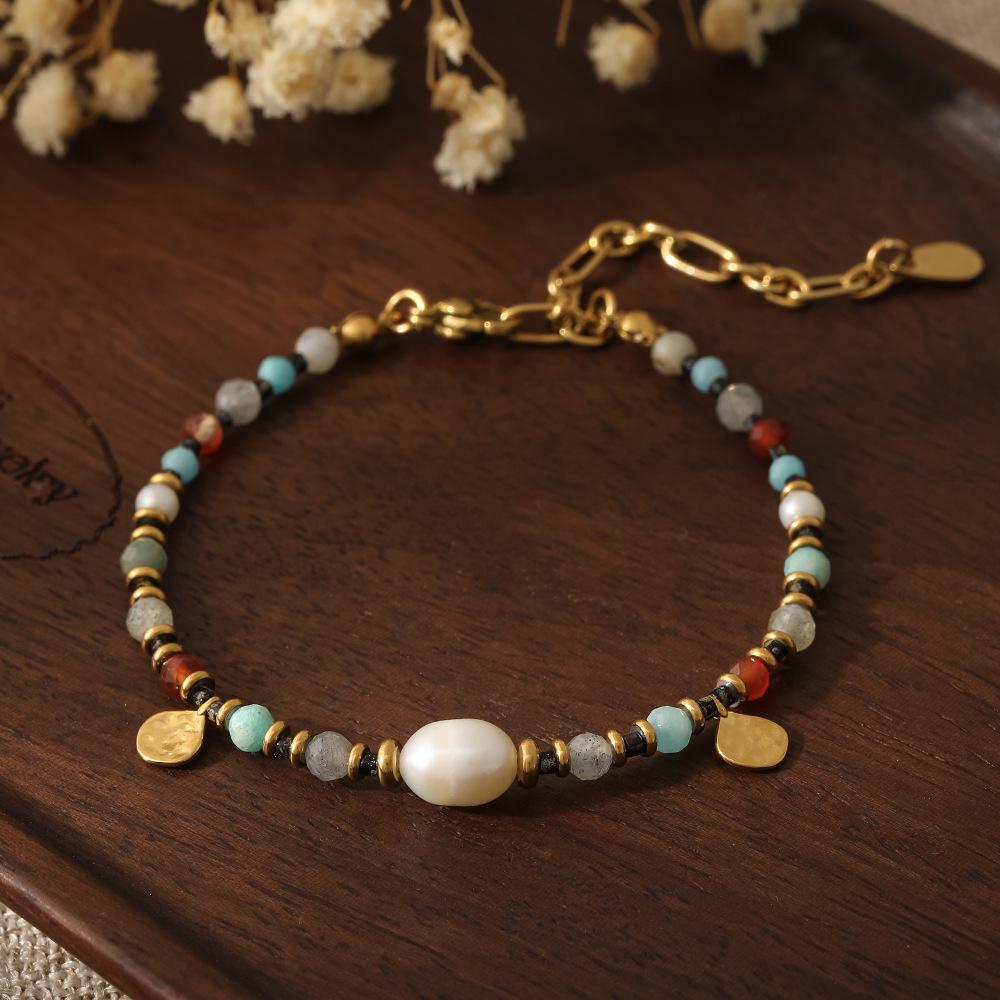 Summer Escape Series, Natural Stone Beaded Necklace Bracelet, Bohemian Holiday Titanium Steel Jewelry Set