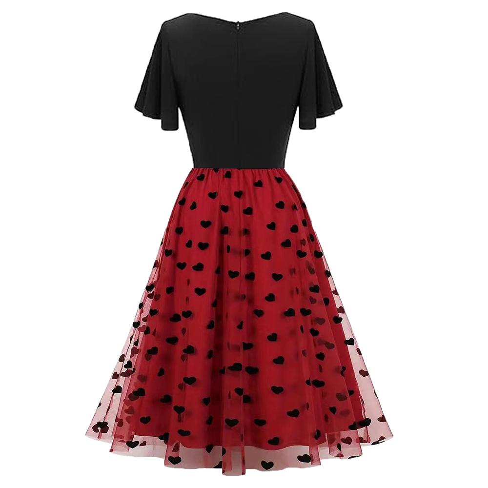 Damen Sommerkleider Mesh Flauschig Bedruckte Stickerei Retro Palast Stil Swing Midikleid Urlaub Party Lässige Oberbekleidung