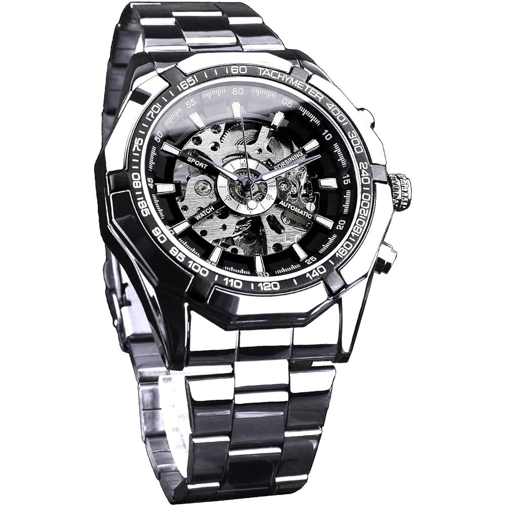 Forsining Automatic Skeleton Men s Watch Blue Black Stainless Steel Band Waterproof Modern Timepiece