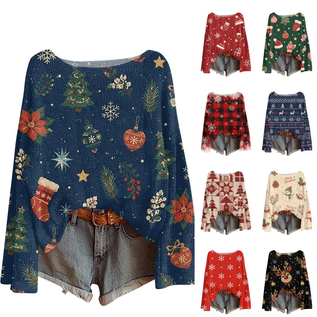 Women's Christmas Print Lightweight Knit Sweater Casual Long Sleeve Pullover Top